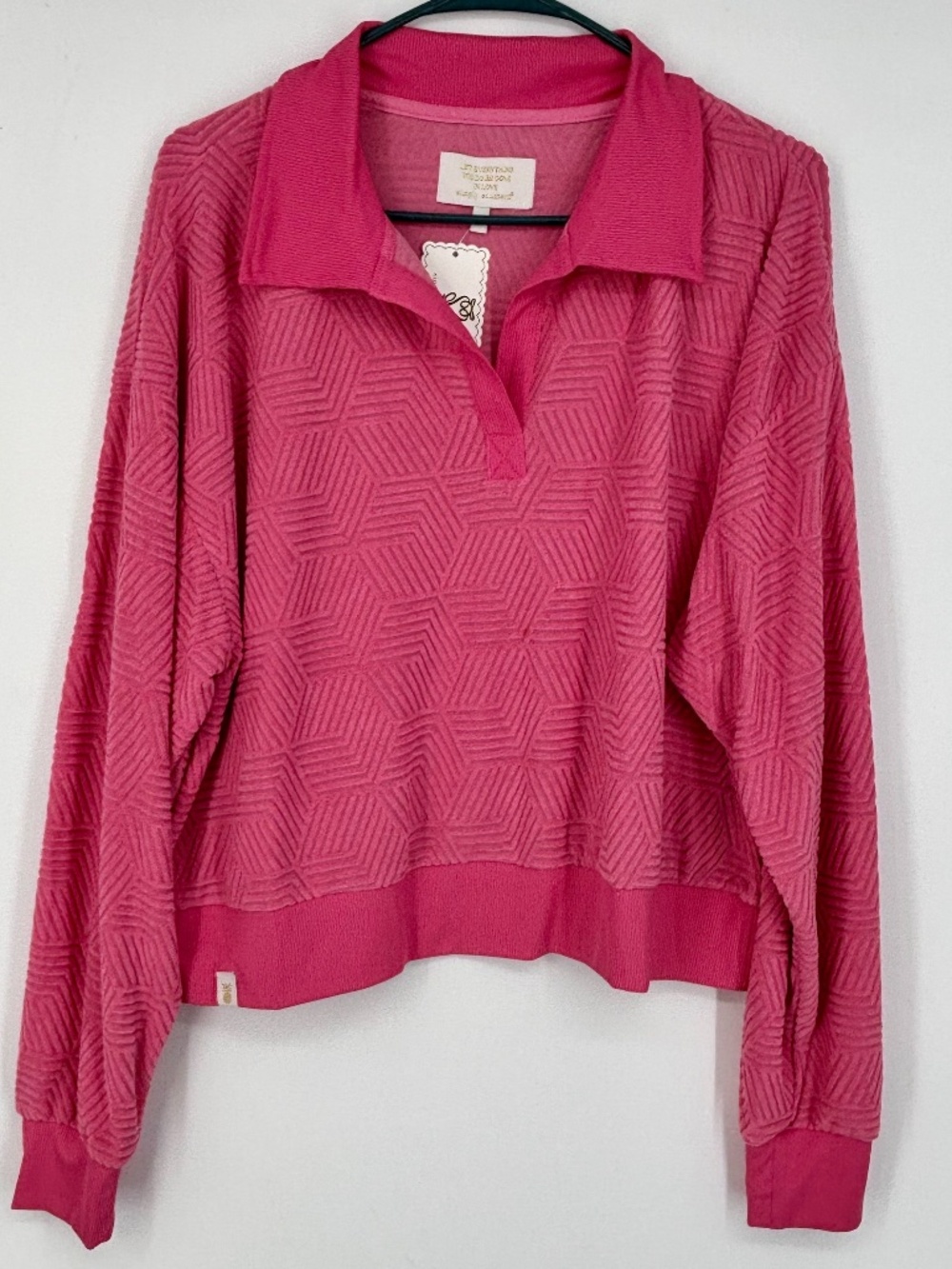 Simply Southern Womens Large Collared Knit Top Bright Pink Relaxed Fit Cropped